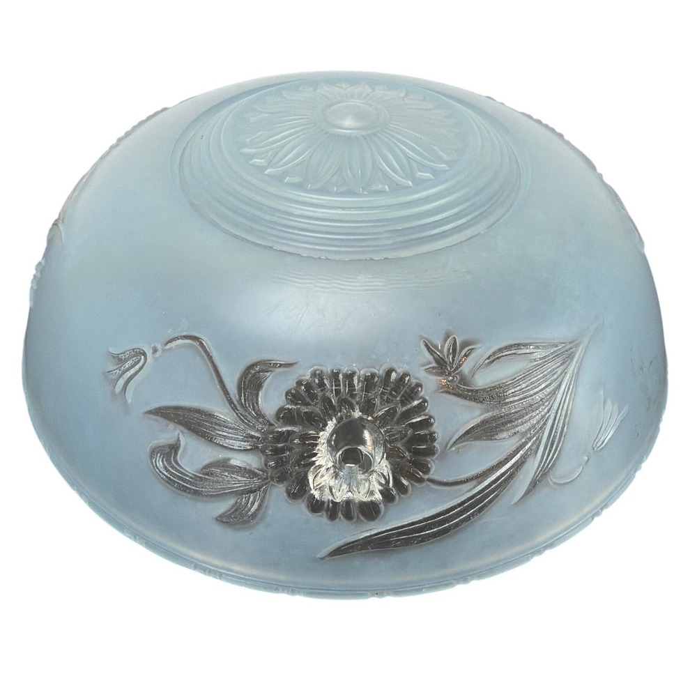Vtg Frosted Blue Glass Floral Embossed Ceiling Light Shade 3 Hole 10" Art Deco